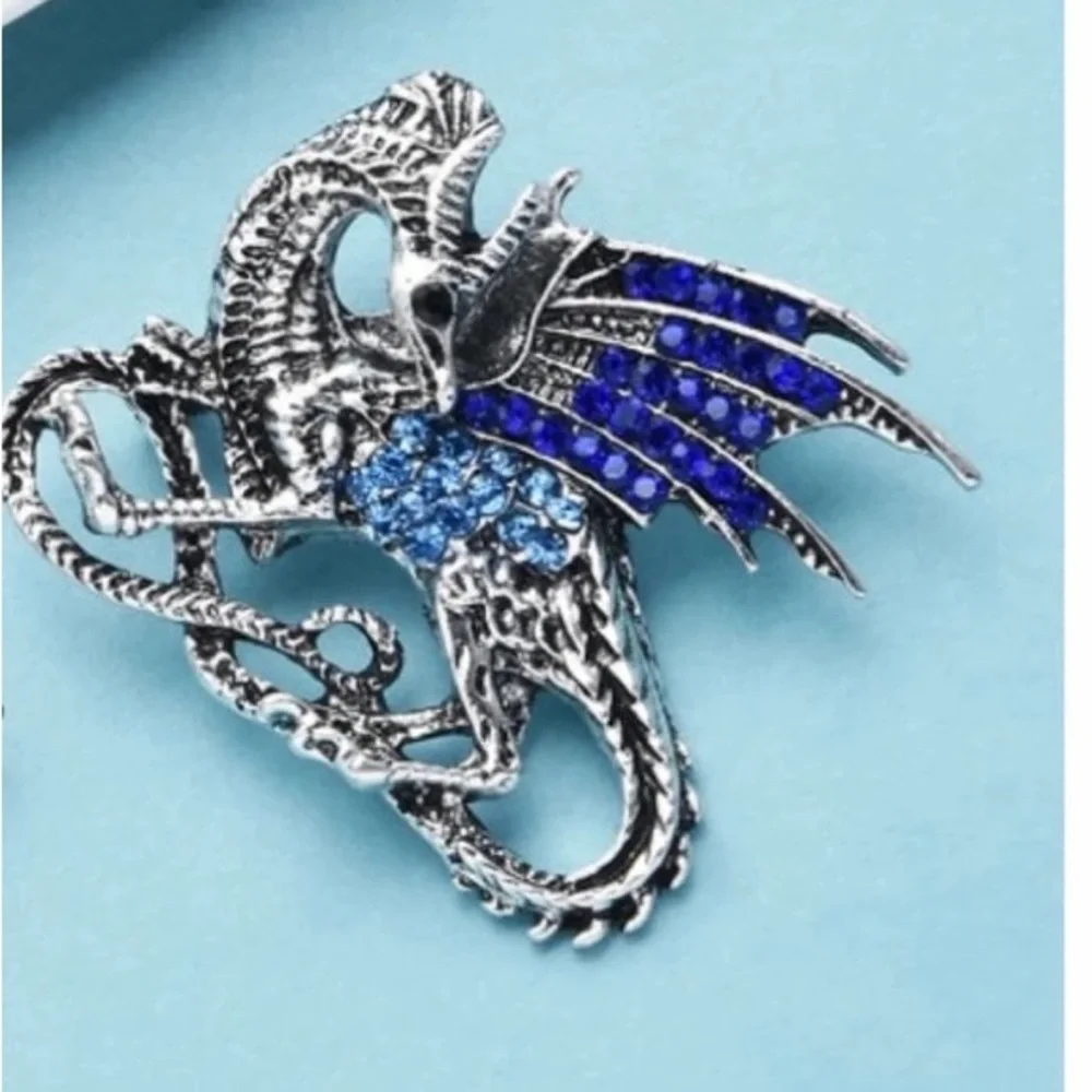 Walking Blue Wing Dragon Brooch Pins Vintage Crystal Jewelry